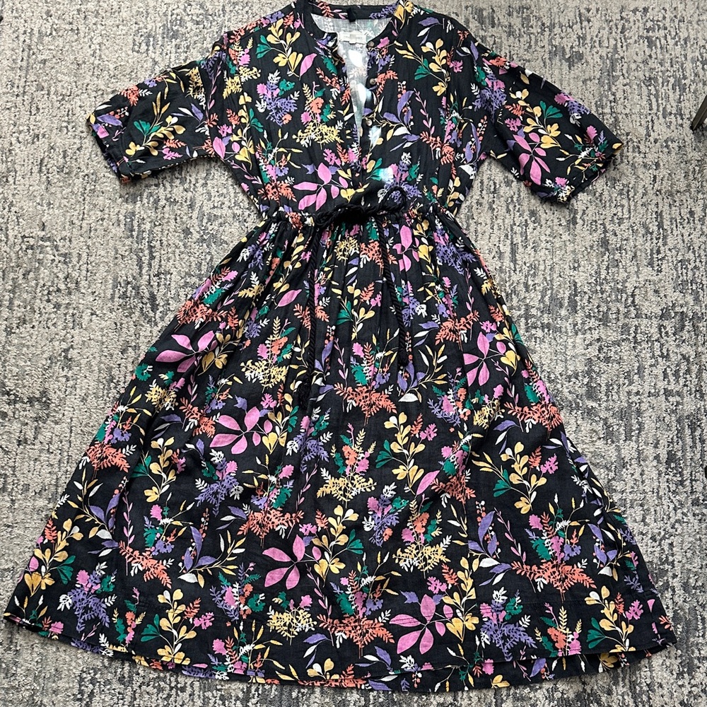 Lou & Grey Black linen Midi Dress with Multicolor Floral Print
